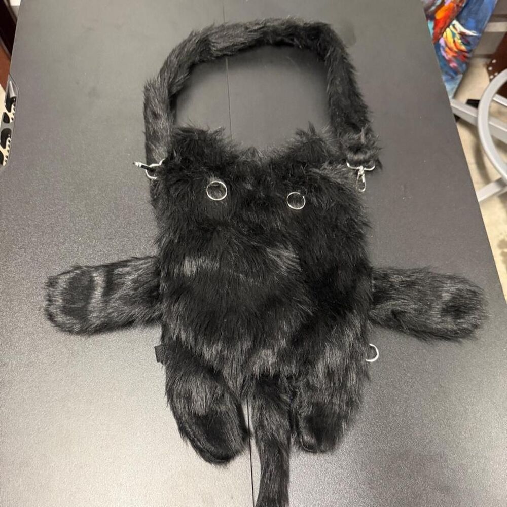 Black faux fur cat Men's Black Bag